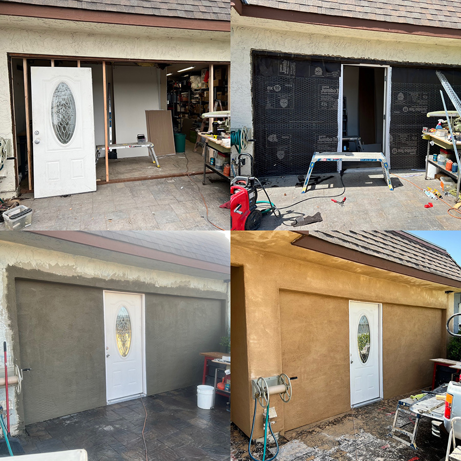 Replacing a garage door with new stucco, and retexturing / recoloring the whole home to match